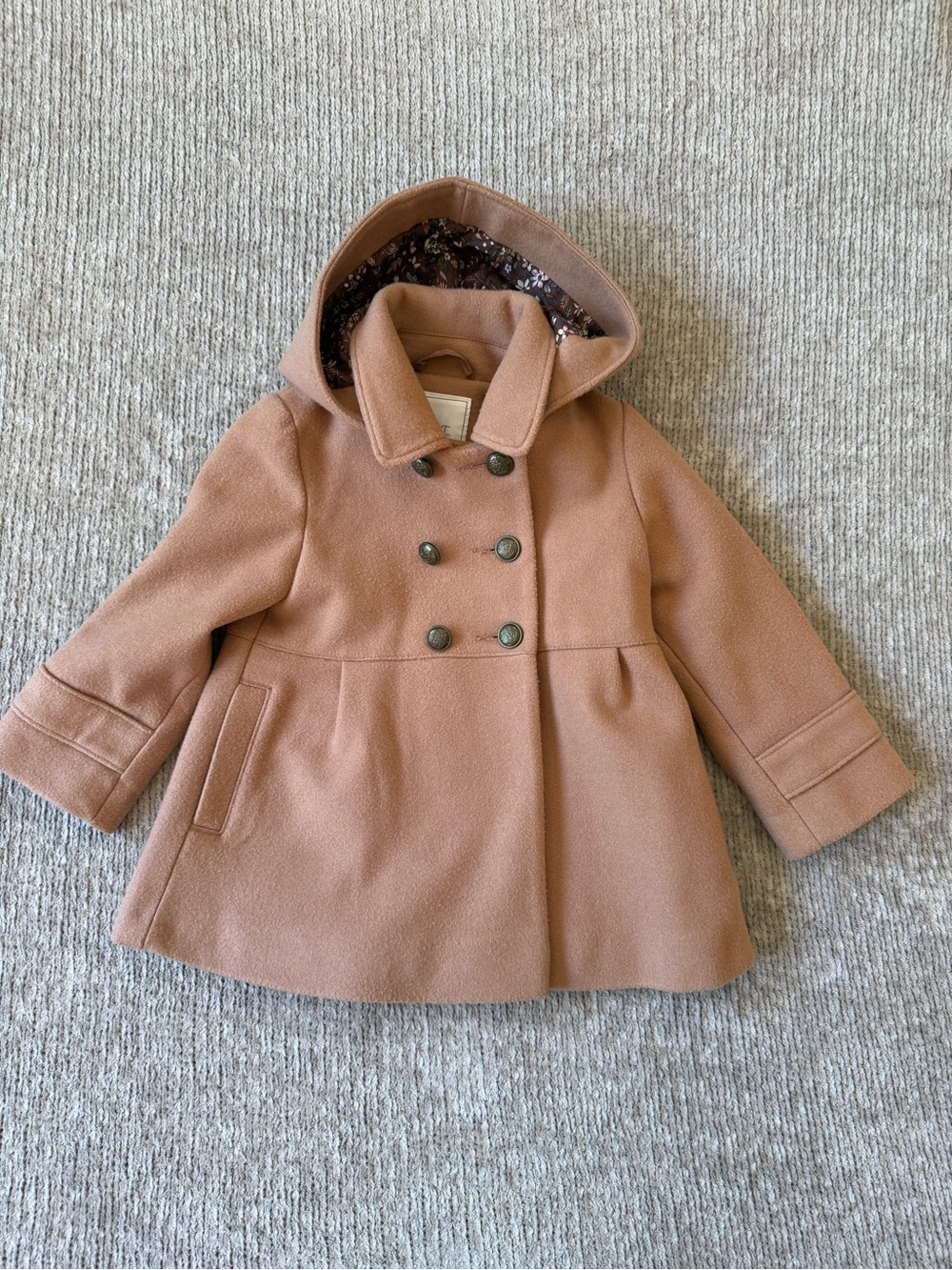 Next Girls 1.5-2Y Camel Wool Blend Peacoat Hooded Floral Lined Coat